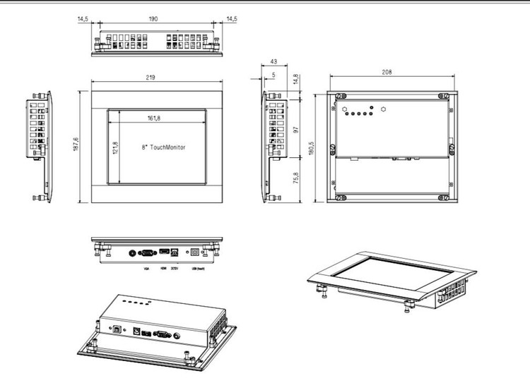 ابعاد مانیتور صنعتی 8 اینچ | قیمت مانیتور 8 اینچ
