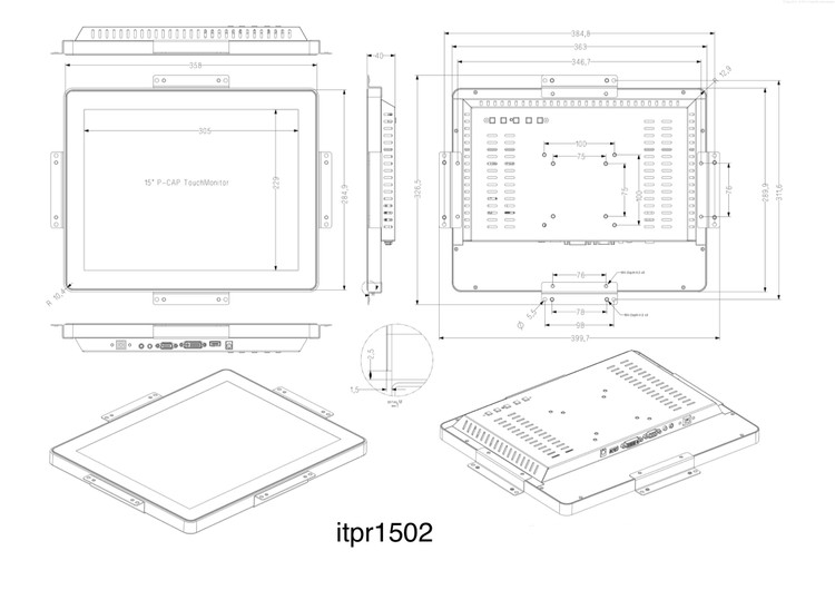 ابعاد مانیتور صنعتی ١۵ اینچ مربع
