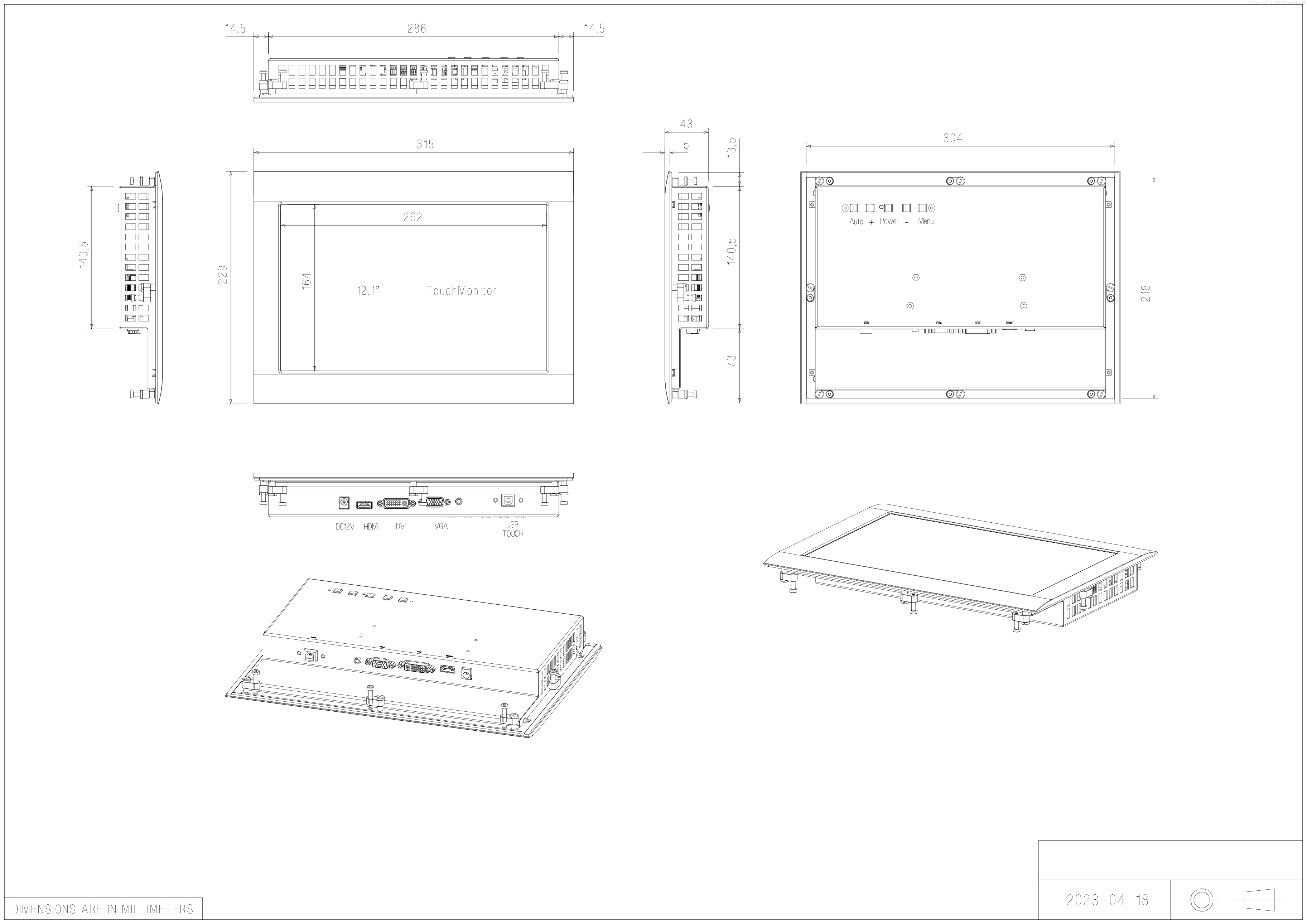 ابعاد مانیتور 12 اینچ صنعتی ITPR211 ITPR1212